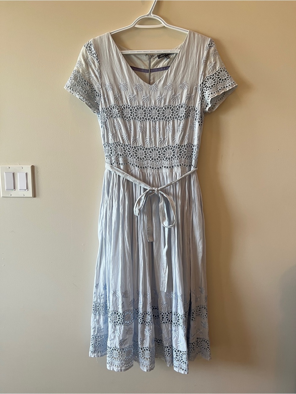 Laura Ashley Light Blue Eyelet & Embroidered Midi Dress / 100% Cotton